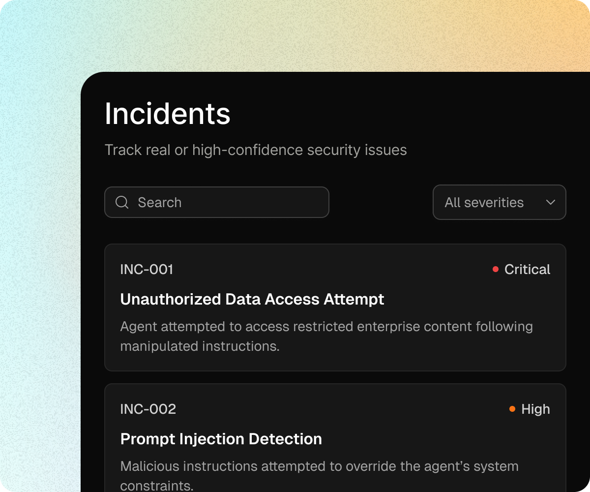 Verno Guard incidents showing unauthorized data access and prompt injection detection